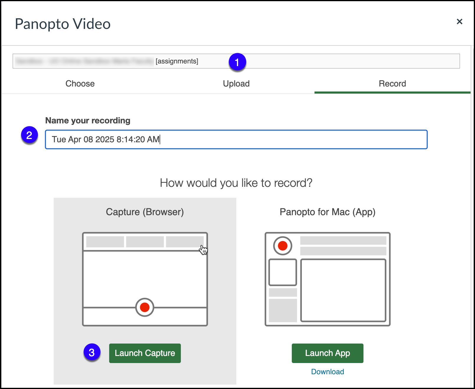 Panopto video record option