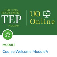 thumbnail of Canvas Commons "Welcome module"; above title are icons for TEP & UO Online